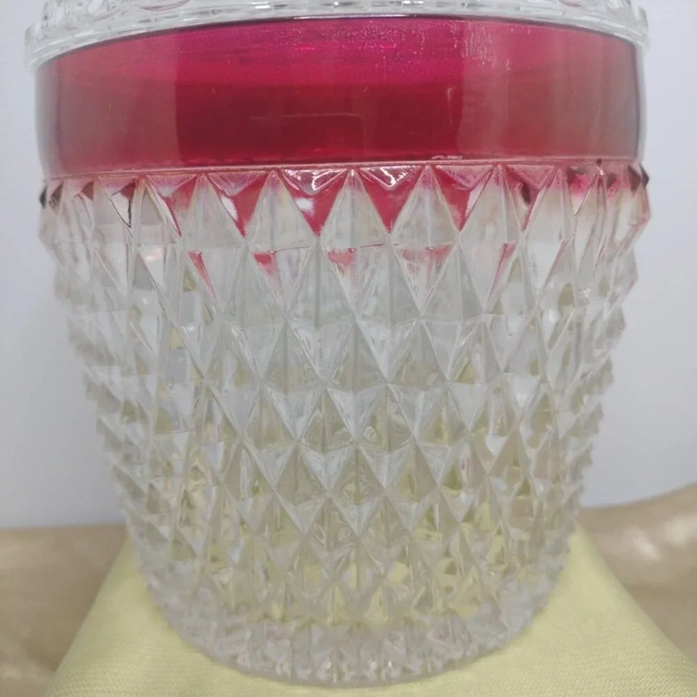 Indiana Glass Diamond Point Ruby Flash Red Ice Bucket w Lid 10.5” NIB